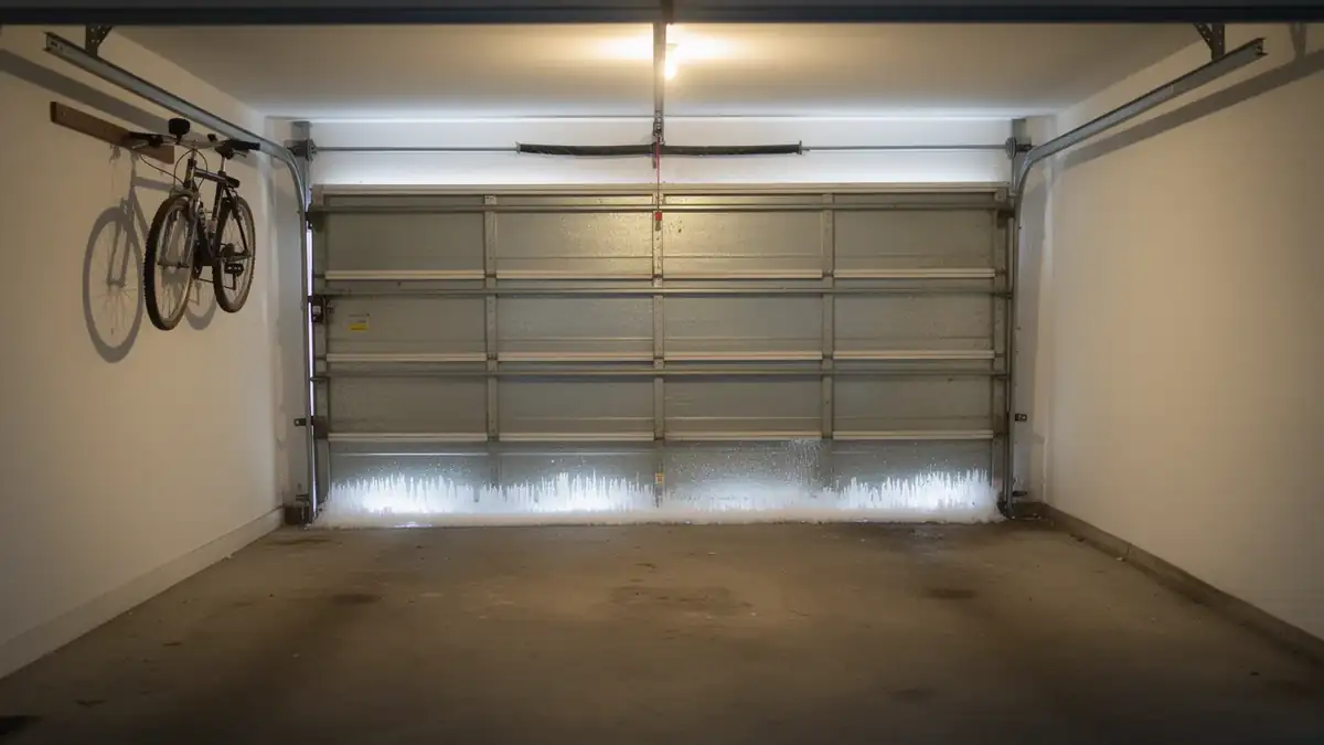 A closed garage door with a torsion spring and a bicycle hanging on the wall.