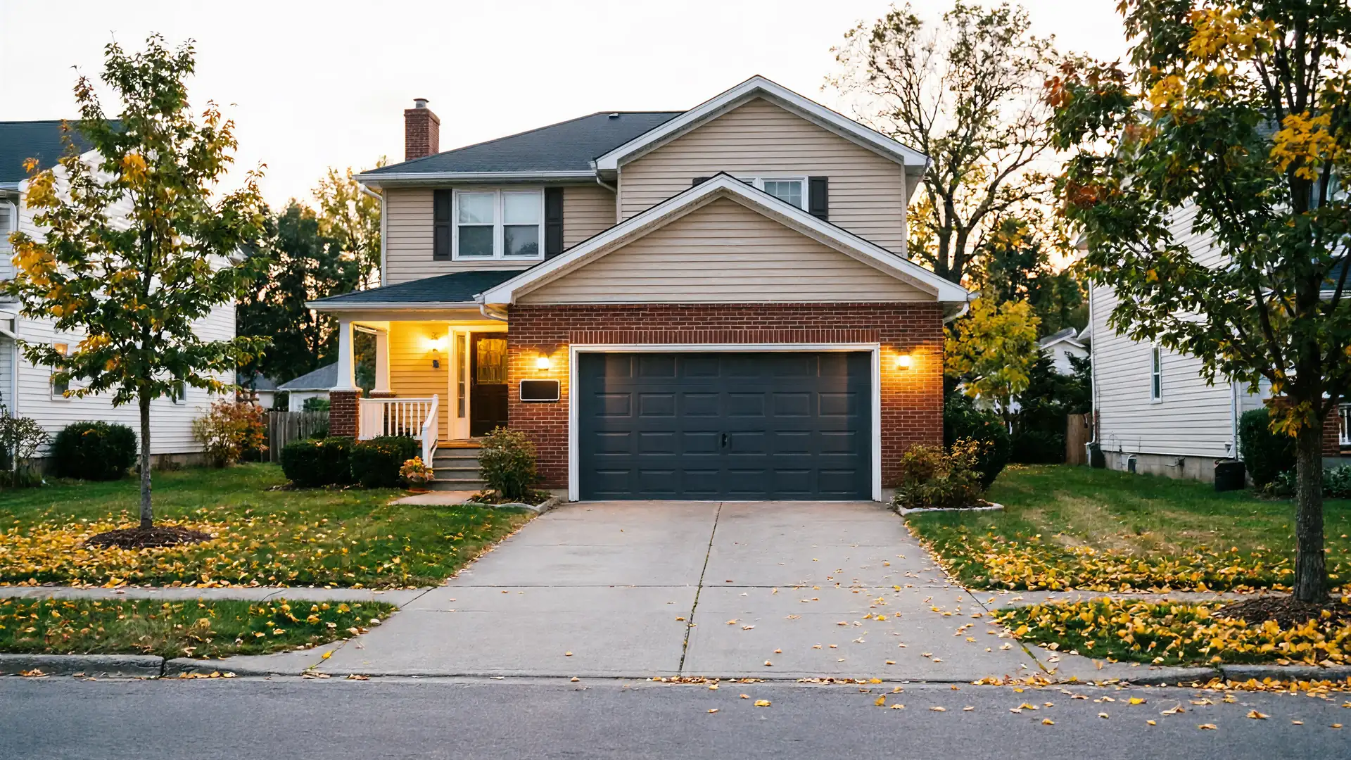 A two-story house with a dark gray garage door and a lit porch.