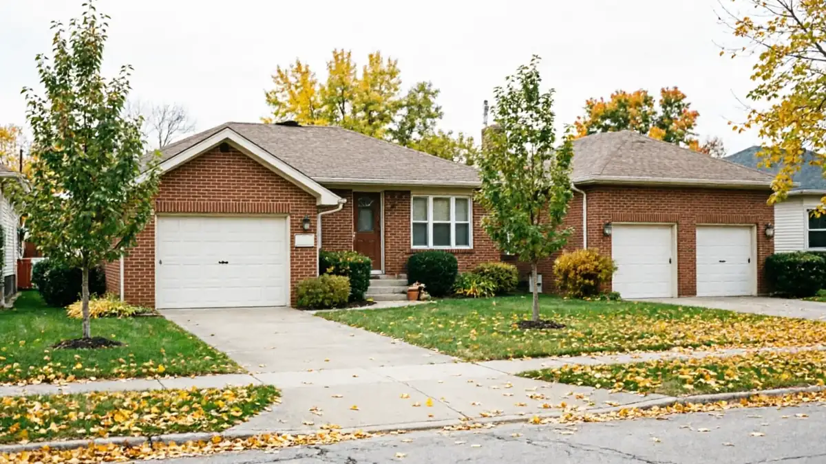 Two brick houses with white garage doors and autumn leaves on the lawn.