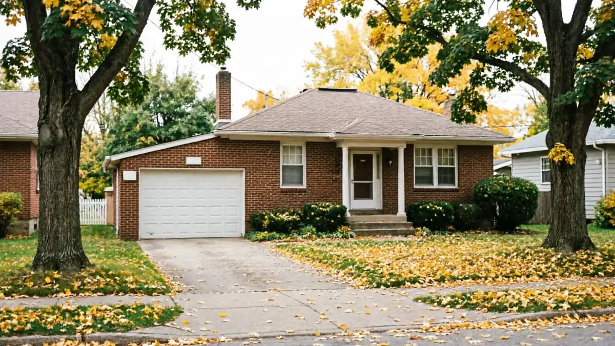A brick house with a white garage door and yellow leaves on the lawn.