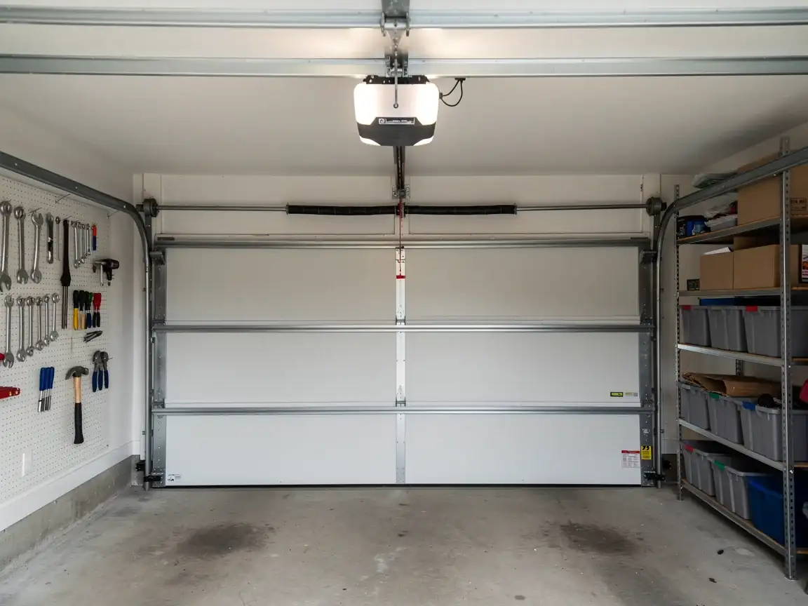 A white garage door is closed, with an opener and torsion spring visible.