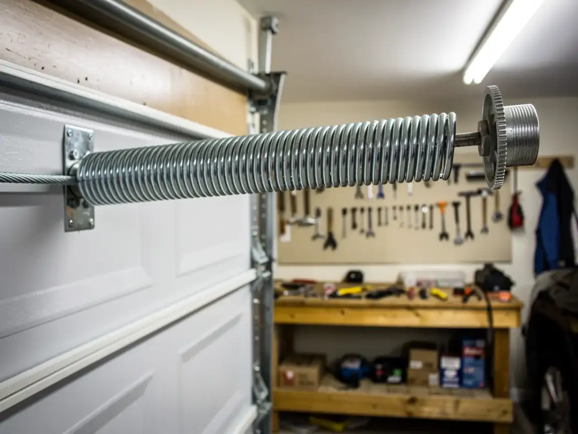 A garage door extension spring is attached to a white garage door.