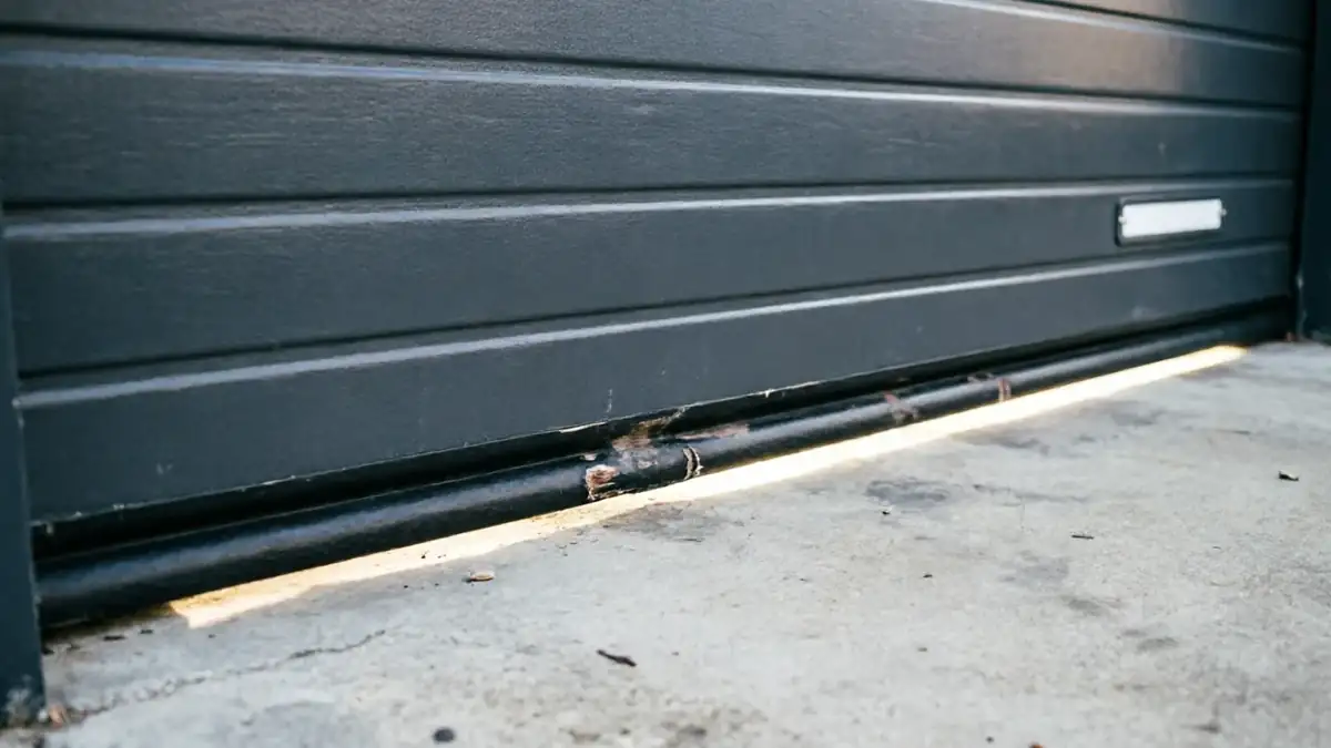 A dark gray garage door is slightly open, showing light underneath.