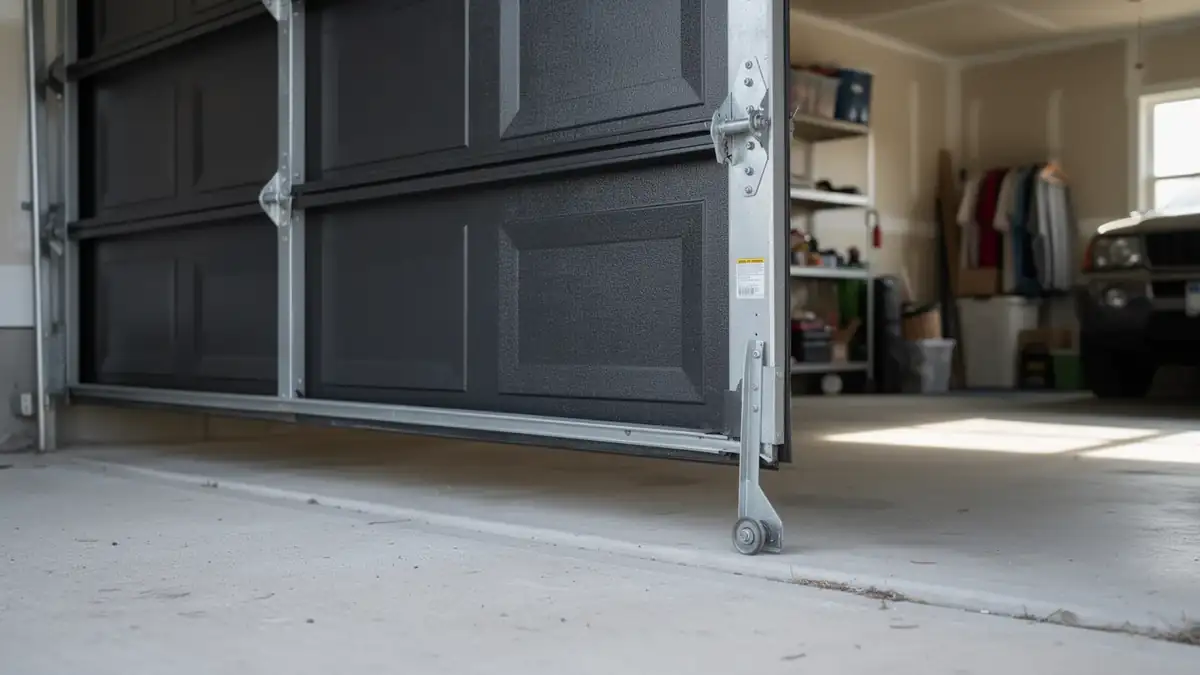 The dark gray garage door is partially open, showing the bottom panel and roller.
